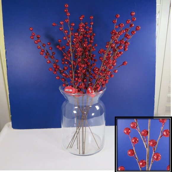 Red Floral Stem Glitter Berries Faux Floral Picks - Picture 1 of 6